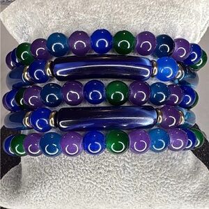 Multicolor Blue, Purple & Green 5 stacked Beaded Stretch Bracelet Set